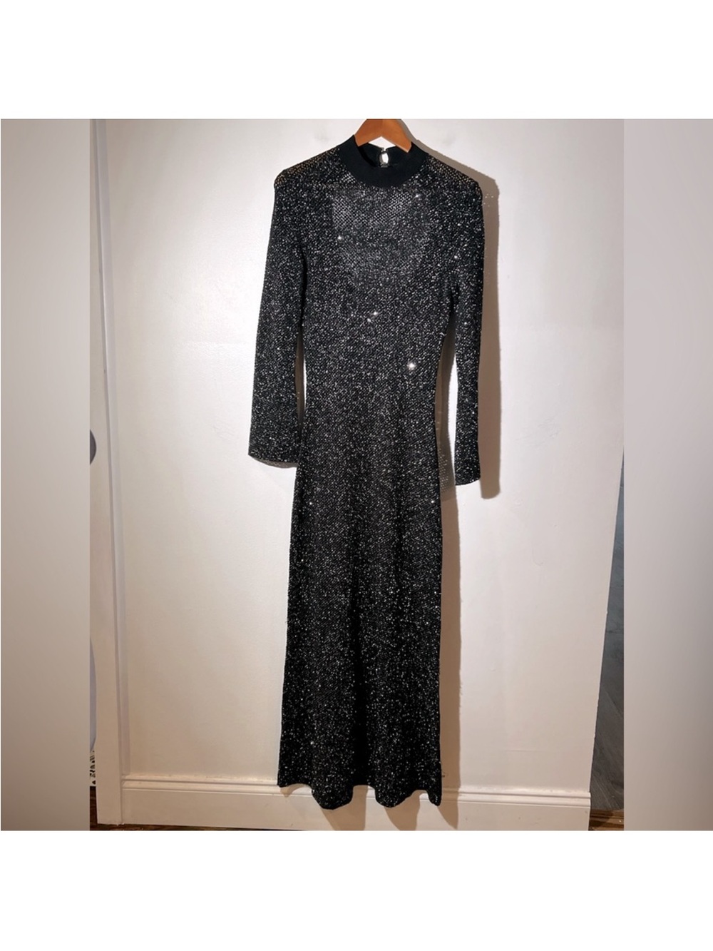 Maje Black Sparkle High-Neck Long-Sleeve Maxi Dress
